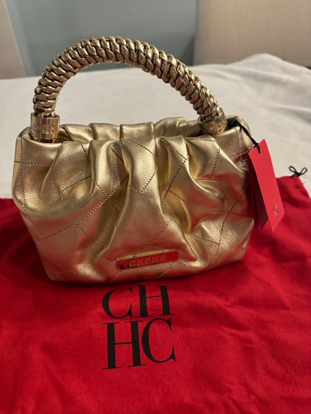 Carolina Herrera Gold Braided-Handle Mini Top-Handle Bag